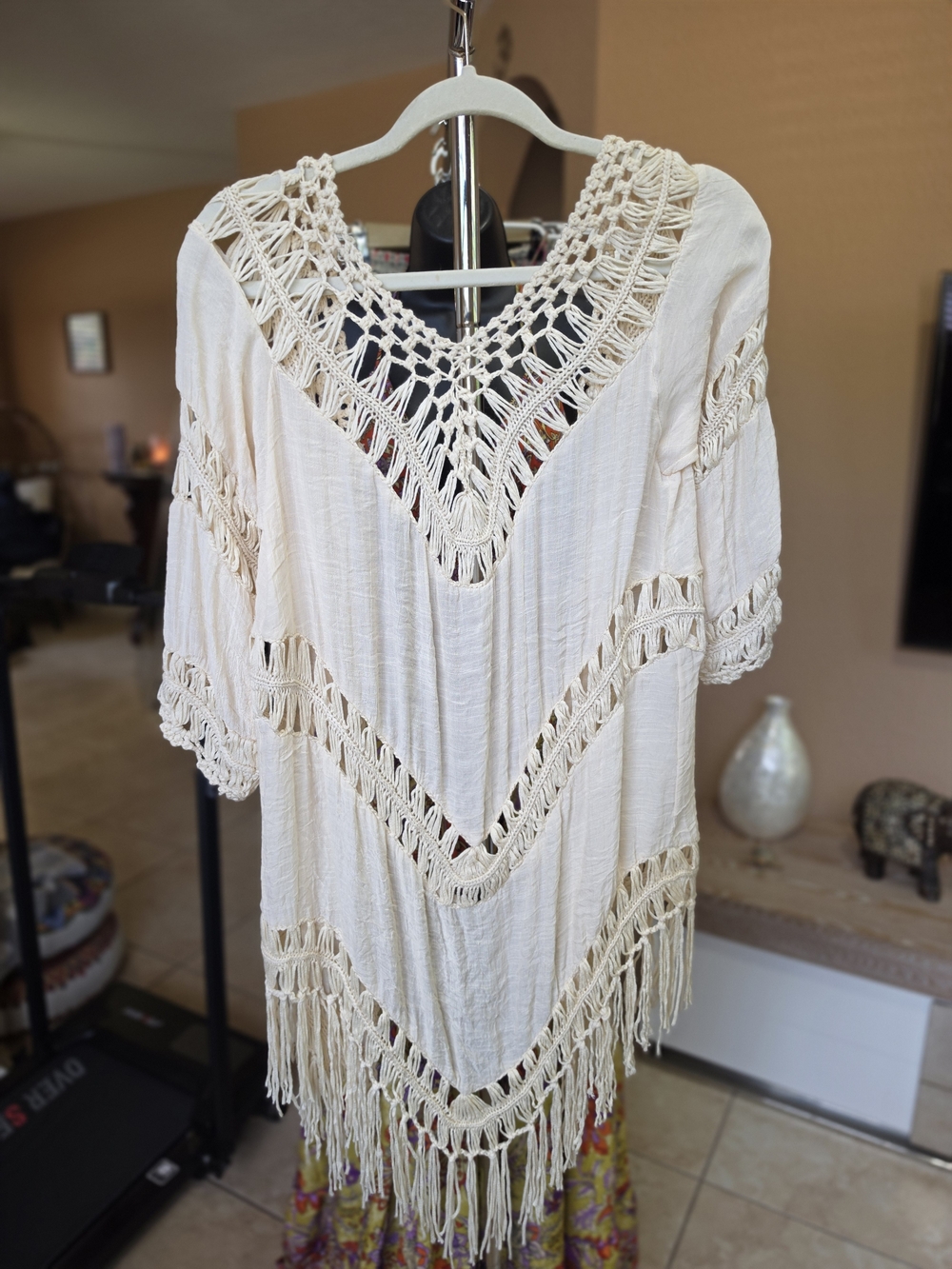 Boho Crochet Fringe Tunic in Cream Cover Up